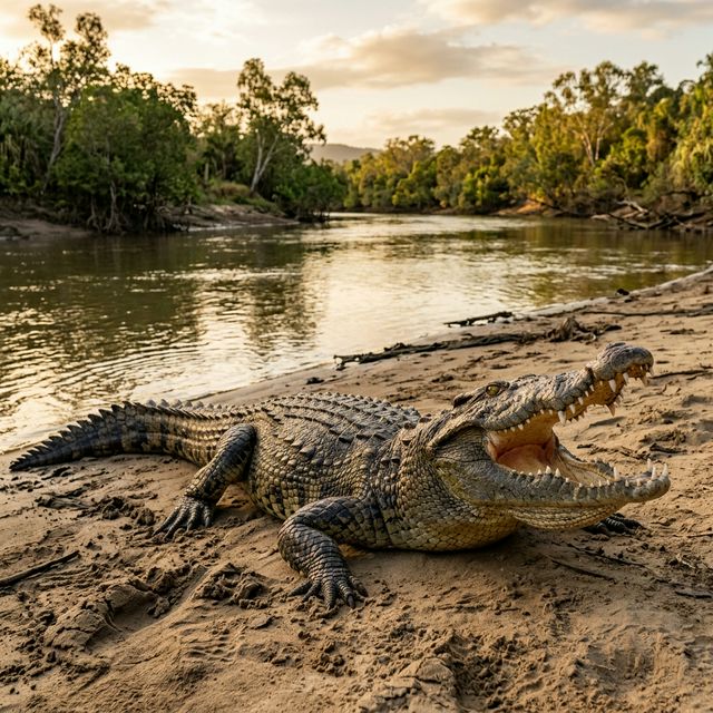 Saltwater crocodile basking on riverbank