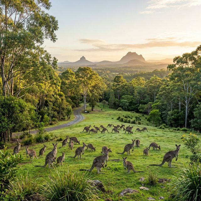 Australian wildlife sanctuary landscape with kangaroos and eucalyptus trees