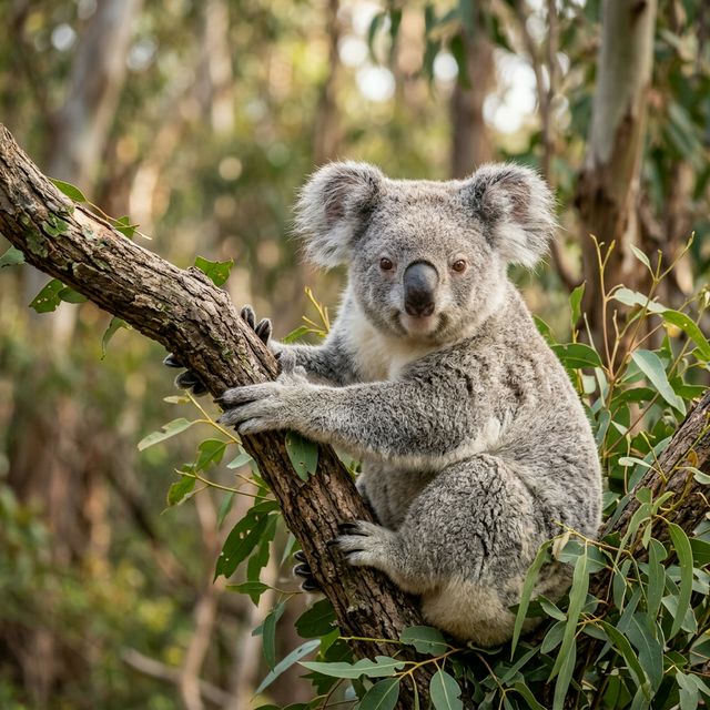 Koala sitting in eucalyptus tree
